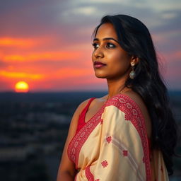 A realistic portrait of a 23-year-old Indian woman, with black hair and warm brown skin, enjoying a breathtaking sunset