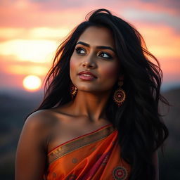 A realistic portrait of a 23-year-old Indian woman, with black hair and warm brown skin, enjoying a breathtaking sunset