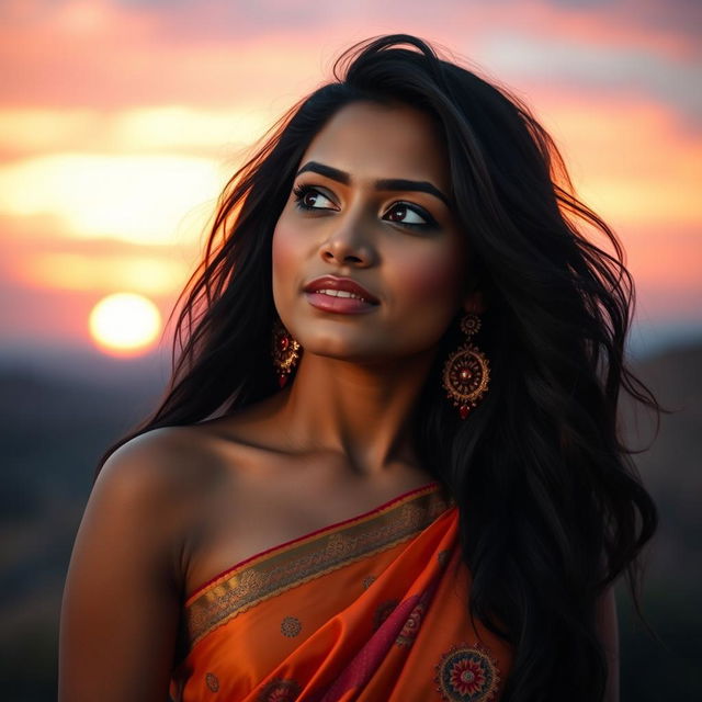 A realistic portrait of a 23-year-old Indian woman, with black hair and warm brown skin, enjoying a breathtaking sunset