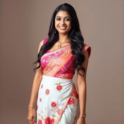 A 23-year-old Indian woman standing confidently, adorned in a beautiful chudidhar dress that elegantly showcases her 34-size breasts