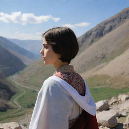 A 16-year-old animated Armenian girl with short hair and traditional clothing, hiding under a mountainous landscape. Seen from behind, she obscures herself calmly among the rocky terrain.