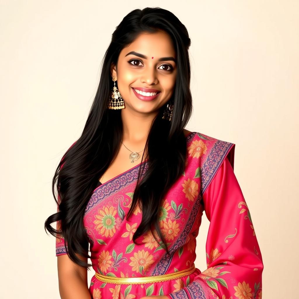 A 23-year-old Indian woman standing confidently, adorned in a beautiful chudidhar dress that elegantly showcases her 34-size breasts