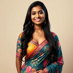 A 23-year-old Indian woman standing confidently, adorned in a beautiful chudidhar dress that elegantly showcases her 34-size breasts