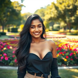 A 23-year-old Indian woman standing in front of a vibrant park