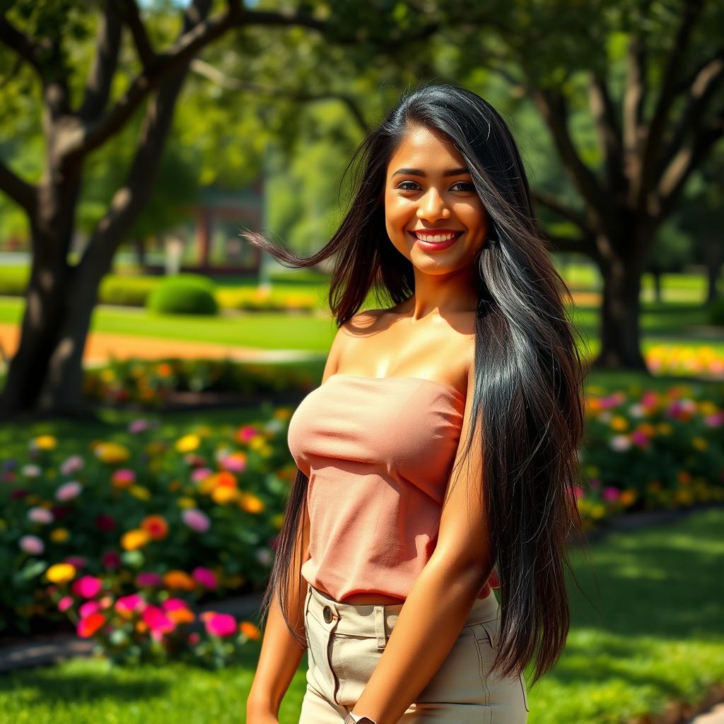 A 23-year-old Indian woman standing in front of a vibrant park