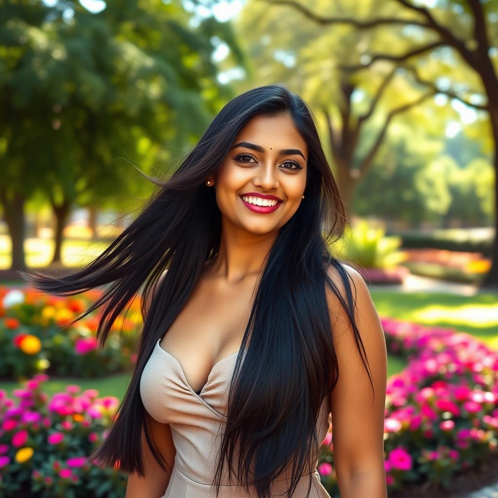 A 23-year-old Indian woman standing in front of a vibrant park