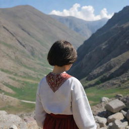 A 16-year-old animated Armenian girl with short hair and traditional clothing, hiding under a mountainous landscape. Seen from behind, she obscures herself calmly among the rocky terrain.