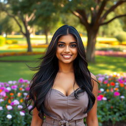 A 23-year-old Indian woman standing in front of a vibrant park