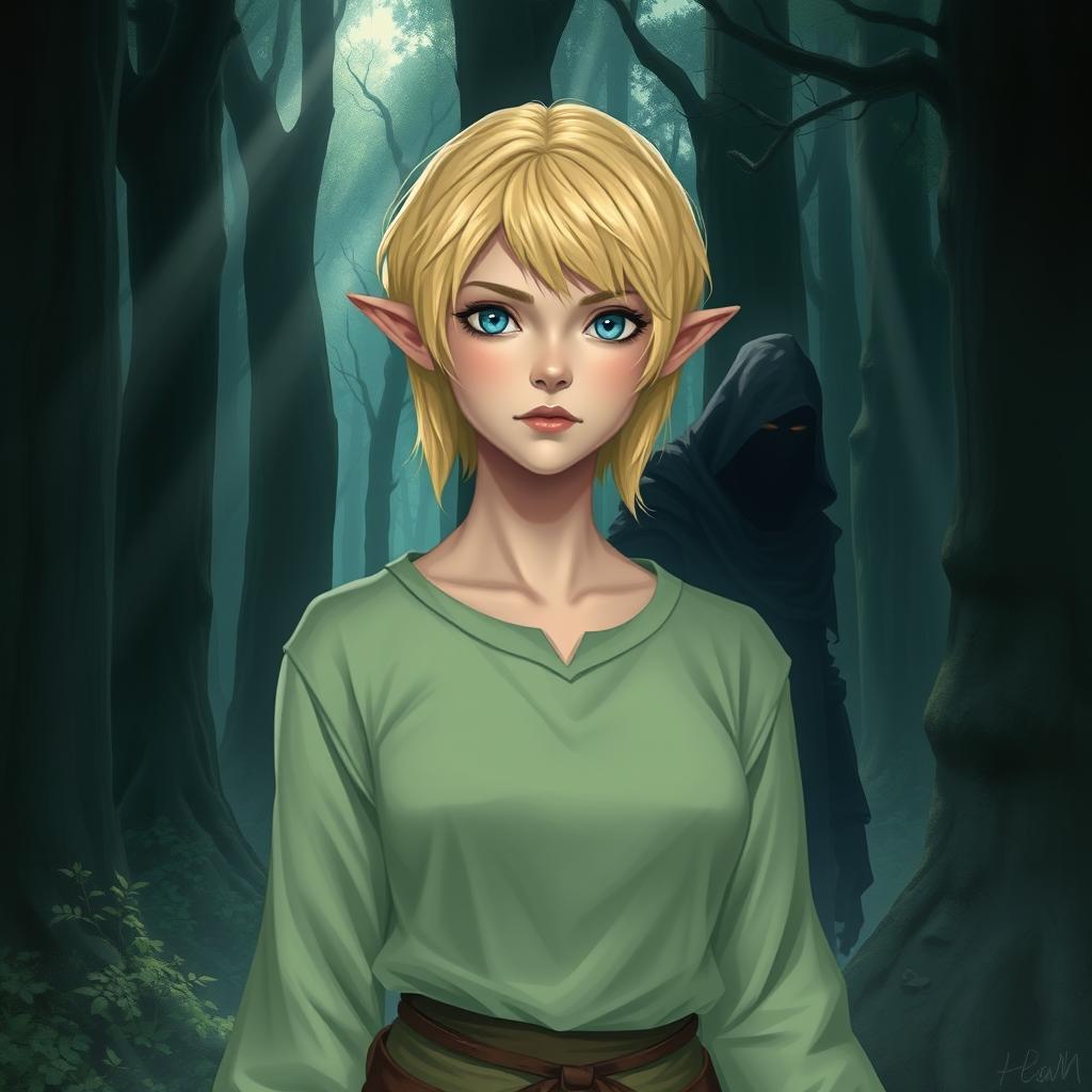 A female half-elf with short blond hair and striking blue eyes, dressed in a pale green tunic