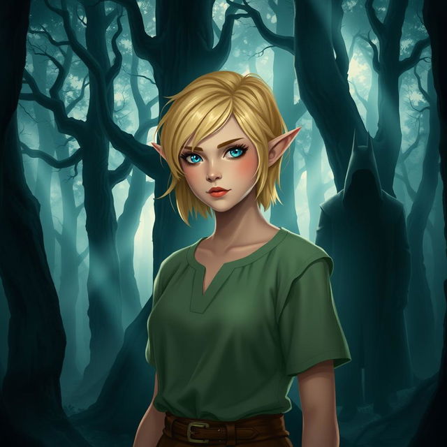 A female half-elf with short blond hair and striking blue eyes, dressed in a pale green tunic