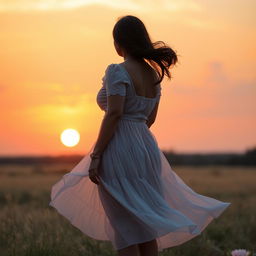 A realistic portrait of a 23-year-old Indian woman with a curvy figure, size 34 breasts, standing with her back facing the viewer while watching a beautiful sunset