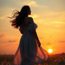 A realistic portrait of a 23-year-old Indian woman with a curvy figure, size 34 breasts, standing with her back facing the viewer while watching a beautiful sunset