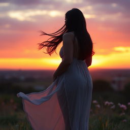 A realistic portrait of a 23-year-old Indian woman with a curvy figure, size 34 breasts, standing with her back facing the viewer while watching a beautiful sunset