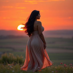 A realistic portrait of a 23-year-old Indian woman with a curvy figure, size 34 breasts, standing with her back facing the viewer while watching a beautiful sunset