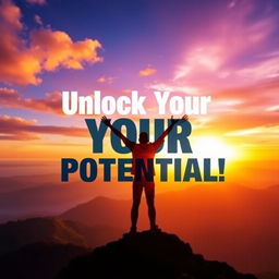 A vibrant, inspiring thumbnail for a personal development theme, featuring a silhouette of a person standing on a mountain peak, arms raised triumphantly towards a bright sunrise