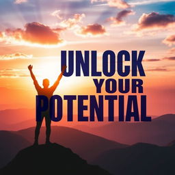 A vibrant, inspiring thumbnail for a personal development theme, featuring a silhouette of a person standing on a mountain peak, arms raised triumphantly towards a bright sunrise