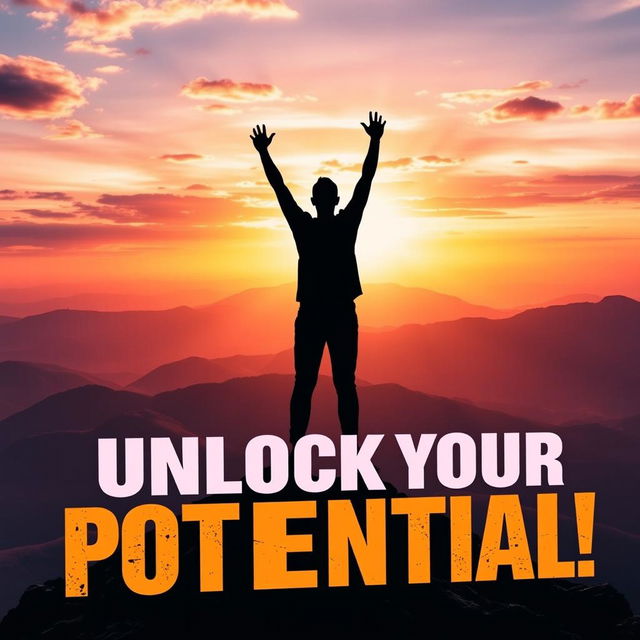 A vibrant, inspiring thumbnail for a personal development theme, featuring a silhouette of a person standing on a mountain peak, arms raised triumphantly towards a bright sunrise