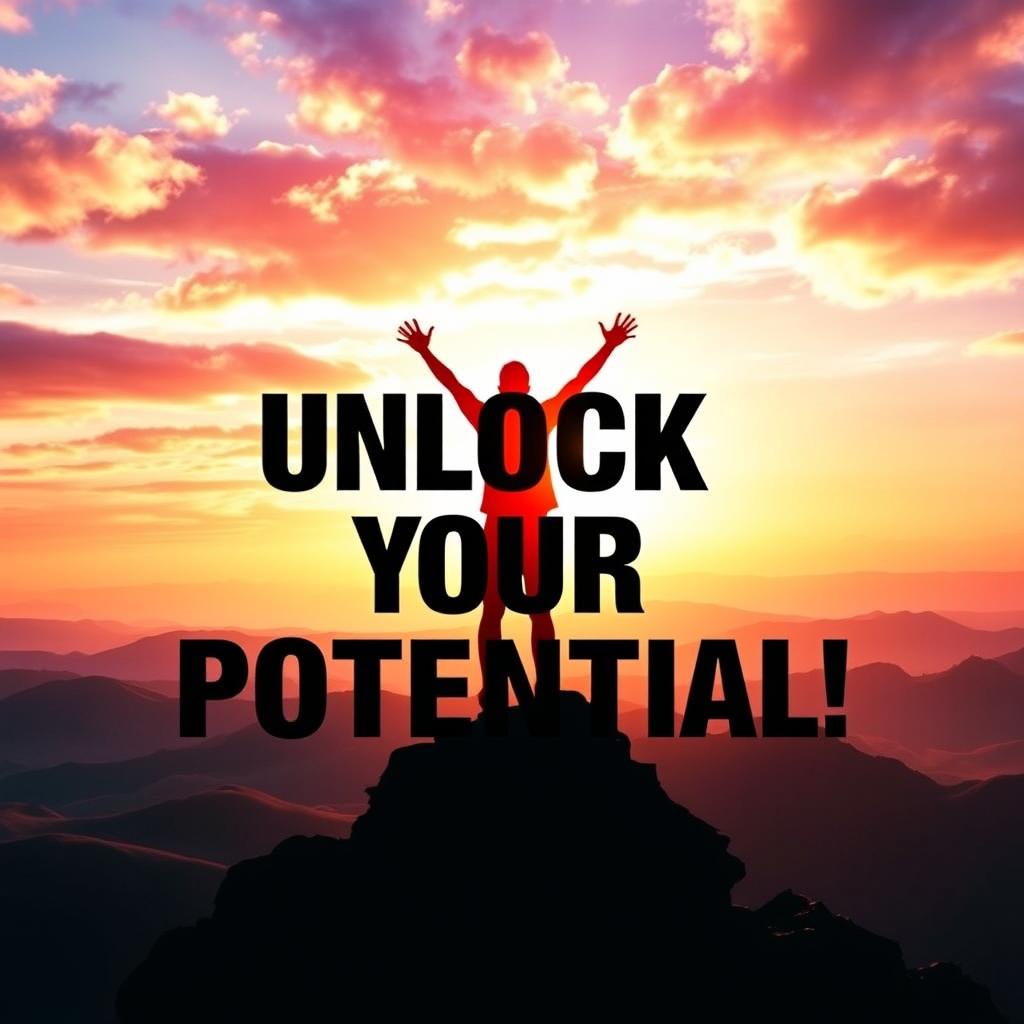 A vibrant, inspiring thumbnail for a personal development theme, featuring a silhouette of a person standing on a mountain peak, arms raised triumphantly towards a bright sunrise