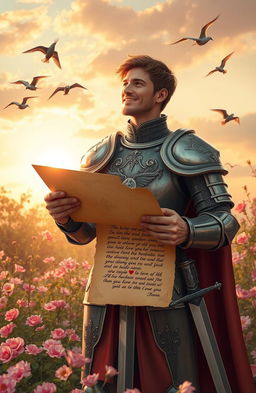 A romantic scene depicting a medieval knight receiving a heartfelt letter from his beloved