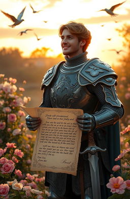 A romantic scene depicting a medieval knight receiving a heartfelt letter from his beloved