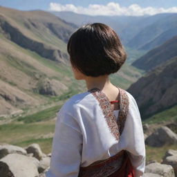 A 16-year-old animated Armenian girl with short hair and traditional clothing, hiding under a mountainous landscape. Seen from behind, she obscures herself calmly among the rocky terrain.