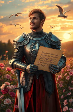 A romantic scene depicting a medieval knight receiving a heartfelt letter from his beloved