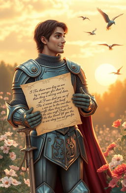 A romantic scene depicting a medieval knight receiving a heartfelt letter from his beloved