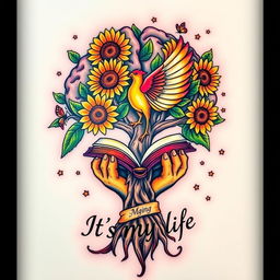 A colorful tattoo design featuring a brain-shaped tree with intricate branches supporting vibrant sunflowers