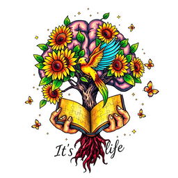 A colorful tattoo design featuring a brain-shaped tree with intricate branches supporting vibrant sunflowers