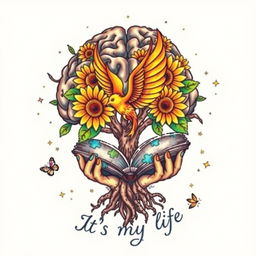 A colorful tattoo design featuring a brain-shaped tree with intricate branches supporting vibrant sunflowers