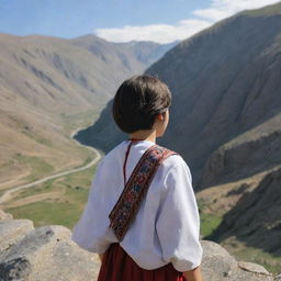 A 16-year-old animated Armenian girl with short hair and traditional clothing, hiding under a mountainous landscape. Seen from behind, she obscures herself calmly among the rocky terrain.