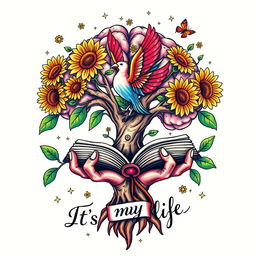 A vibrant and colorful tattoo design featuring a brain-shaped tree with intricate branches adorned with playful sunflowers