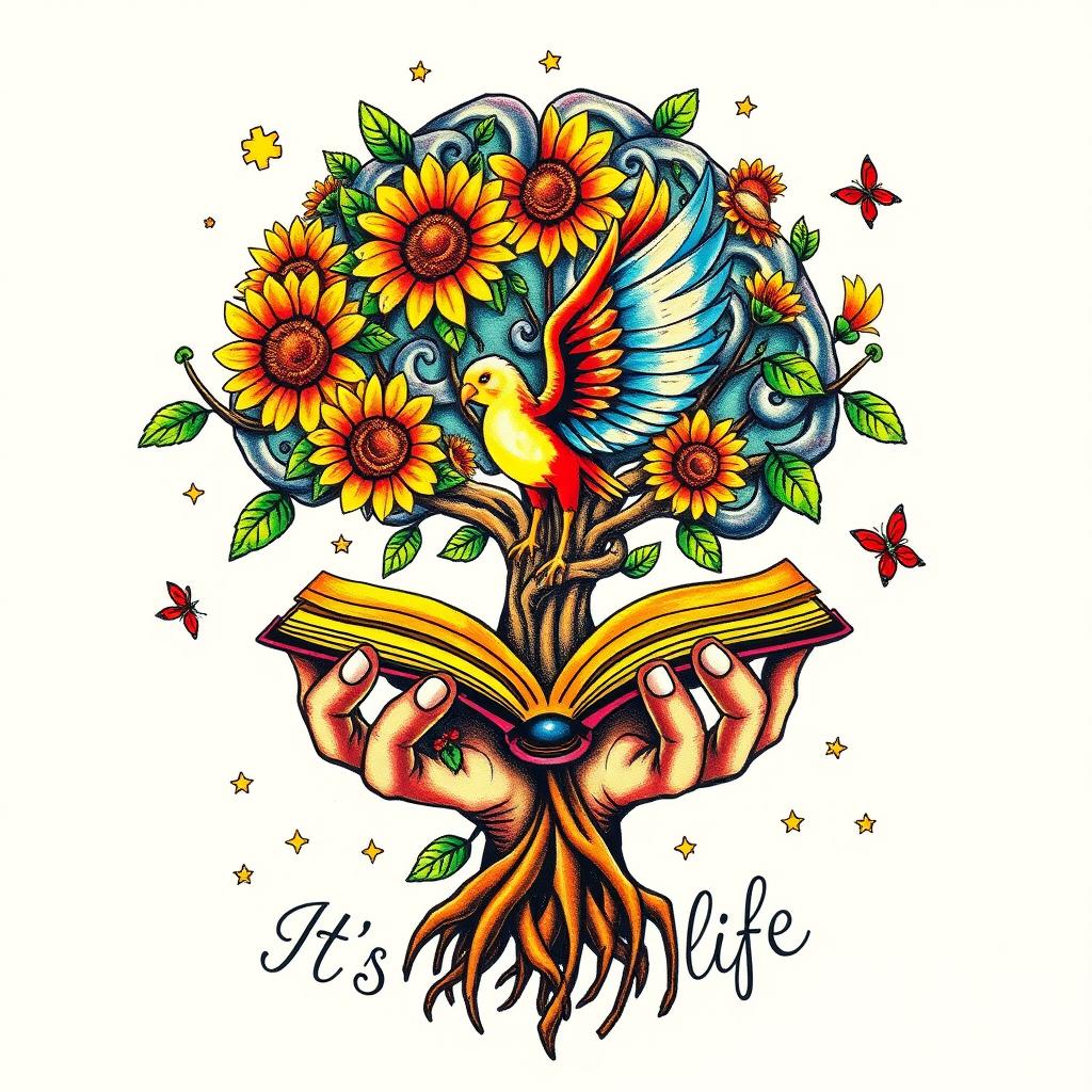 A vibrant and colorful tattoo design featuring a brain-shaped tree with intricate branches adorned with playful sunflowers