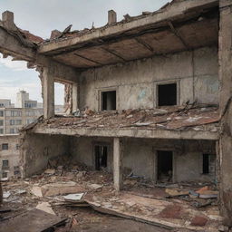 Utilizing a blend of comic book art and line art, replete with full and natural colors, illustrate the interior of a building under a badly broken rooftop, ominously poised to cave in.