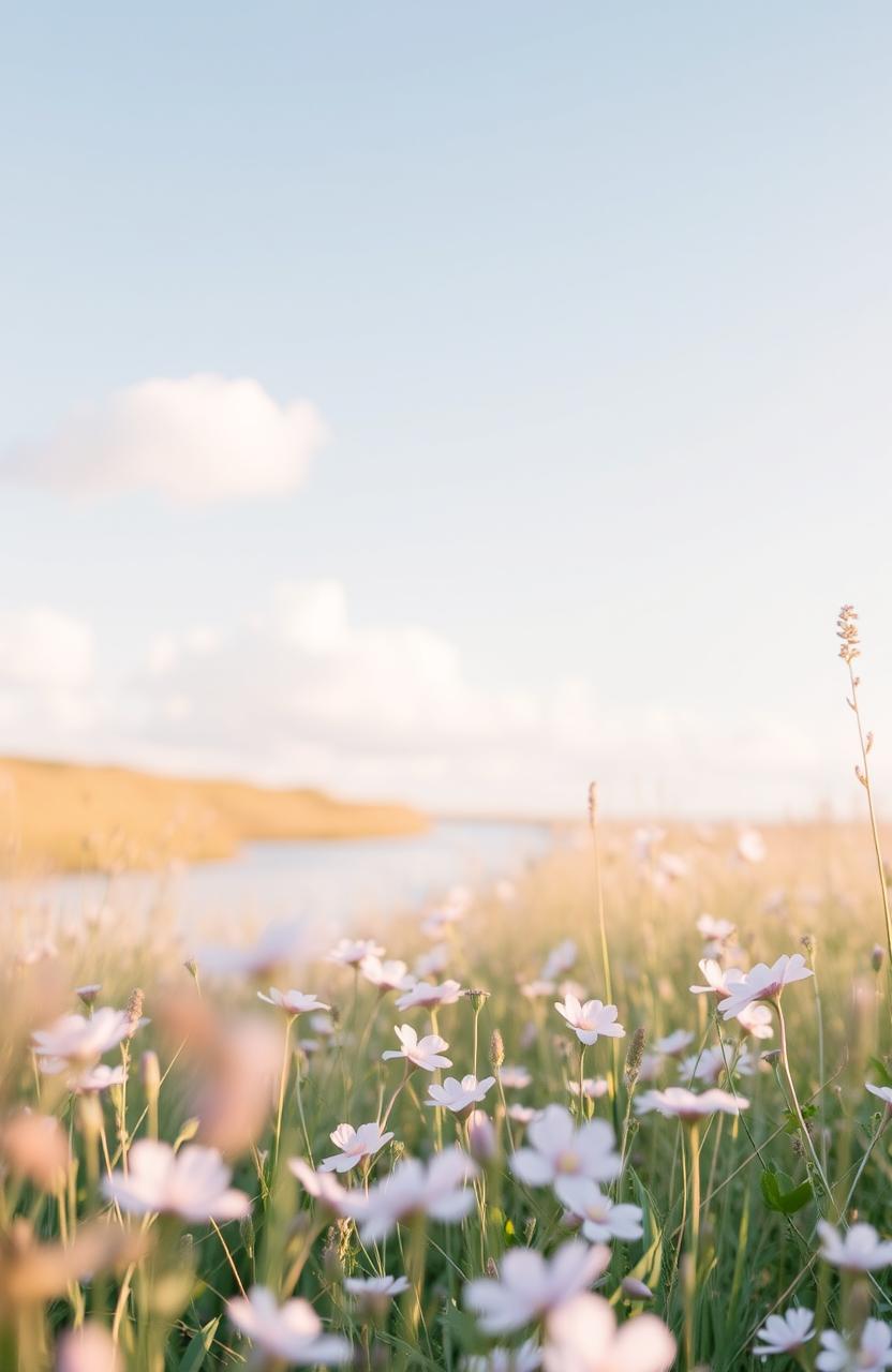 A soft, soothing image that evokes calmness, featuring gentle, flowing natural elements like a serene river or pastel clouds in a clear blue sky