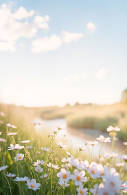 A soft, soothing image that evokes calmness, featuring gentle, flowing natural elements like a serene river or pastel clouds in a clear blue sky