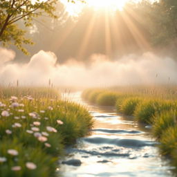 A soft, soothing image that embodies the concept of 'sinar kelembutan' (ray of softness), featuring gentle and picturesque elements such as a serene, flowing river reflecting warm sunlight, delicate pastel clouds, and flowers gently swaying in a tranquil meadow