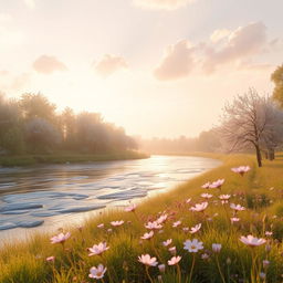 A soft, soothing image that embodies the concept of 'sinar kelembutan' (ray of softness), featuring gentle and picturesque elements such as a serene, flowing river reflecting warm sunlight, delicate pastel clouds, and flowers gently swaying in a tranquil meadow