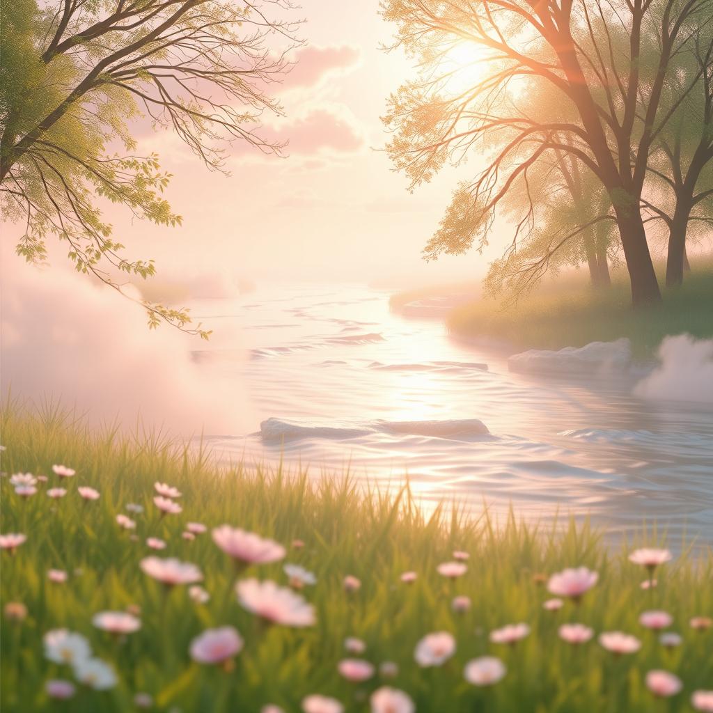 A soft, soothing image that embodies the concept of 'sinar kelembutan' (ray of softness), featuring gentle and picturesque elements such as a serene, flowing river reflecting warm sunlight, delicate pastel clouds, and flowers gently swaying in a tranquil meadow