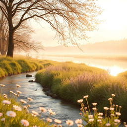 A soft, soothing image that embodies the concept of 'sinar kelembutan' (ray of softness), featuring gentle and picturesque elements such as a serene, flowing river reflecting warm sunlight, delicate pastel clouds, and flowers gently swaying in a tranquil meadow