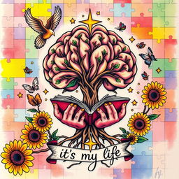 A colorful tattoo design featuring a brain-shaped tree with roots that transform into hands holding an open book