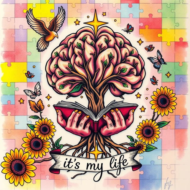 A colorful tattoo design featuring a brain-shaped tree with roots that transform into hands holding an open book