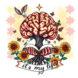 A colorful tattoo design featuring a brain-shaped tree with roots that transform into hands holding an open book