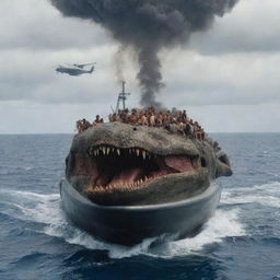 In the final moments of their ordeal, the astonished visitors clamber aboard an evacuation aircraft, leaving behind the dinosaur-infested island as it becomes a diminishing speck against the vast ocean below.