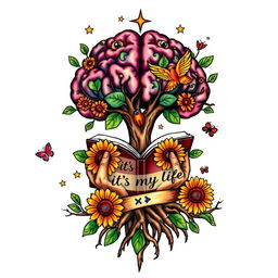 A colorful tattoo design featuring a brain-shaped tree with roots that transform into hands holding an open book