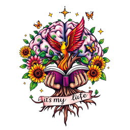 A colorful tattoo design featuring a brain-shaped tree with roots that transform into hands holding an open book