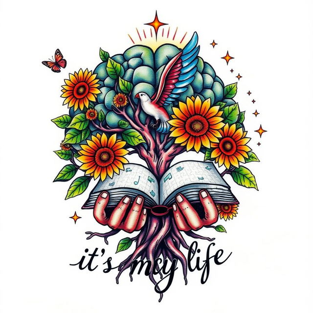 A colorful tattoo design featuring a brain-shaped tree with roots morphing into hands that cradle an open book