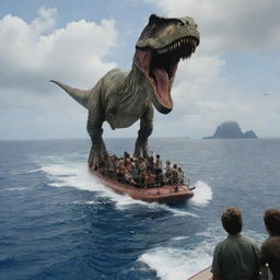 In the final moments of their ordeal, the astonished visitors clamber aboard an evacuation aircraft, leaving behind the dinosaur-infested island as it becomes a diminishing speck against the vast ocean below.