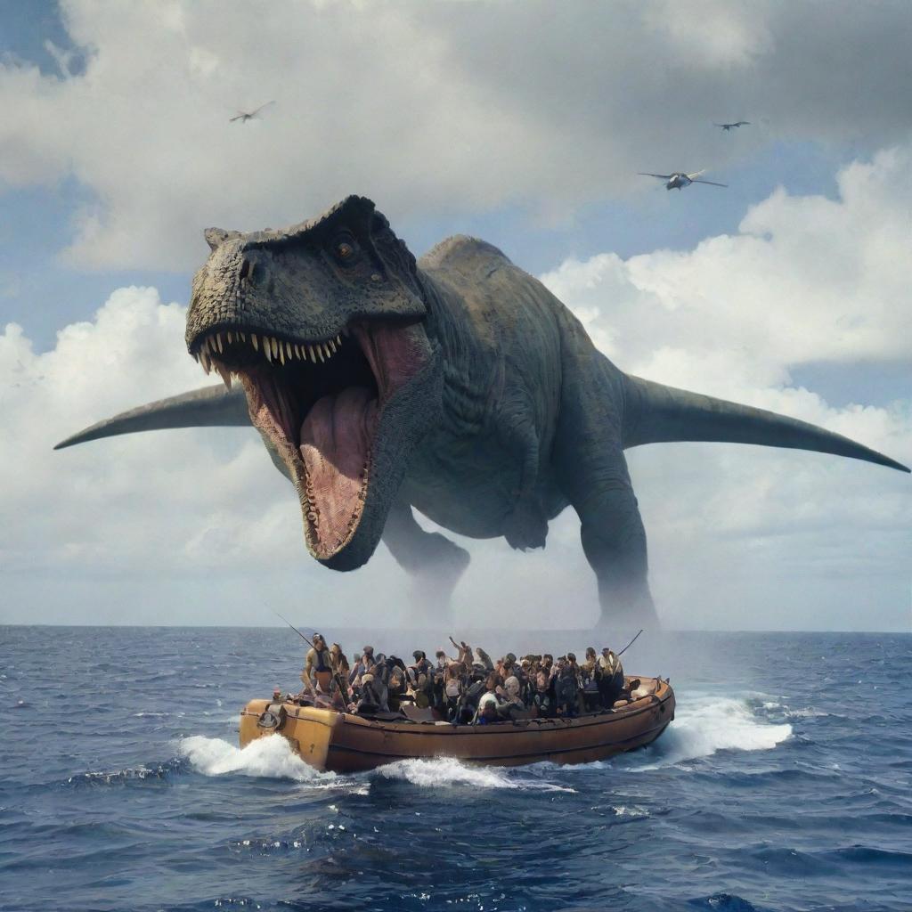 In the final moments of their ordeal, the astonished visitors clamber aboard an evacuation aircraft, leaving behind the dinosaur-infested island as it becomes a diminishing speck against the vast ocean below.