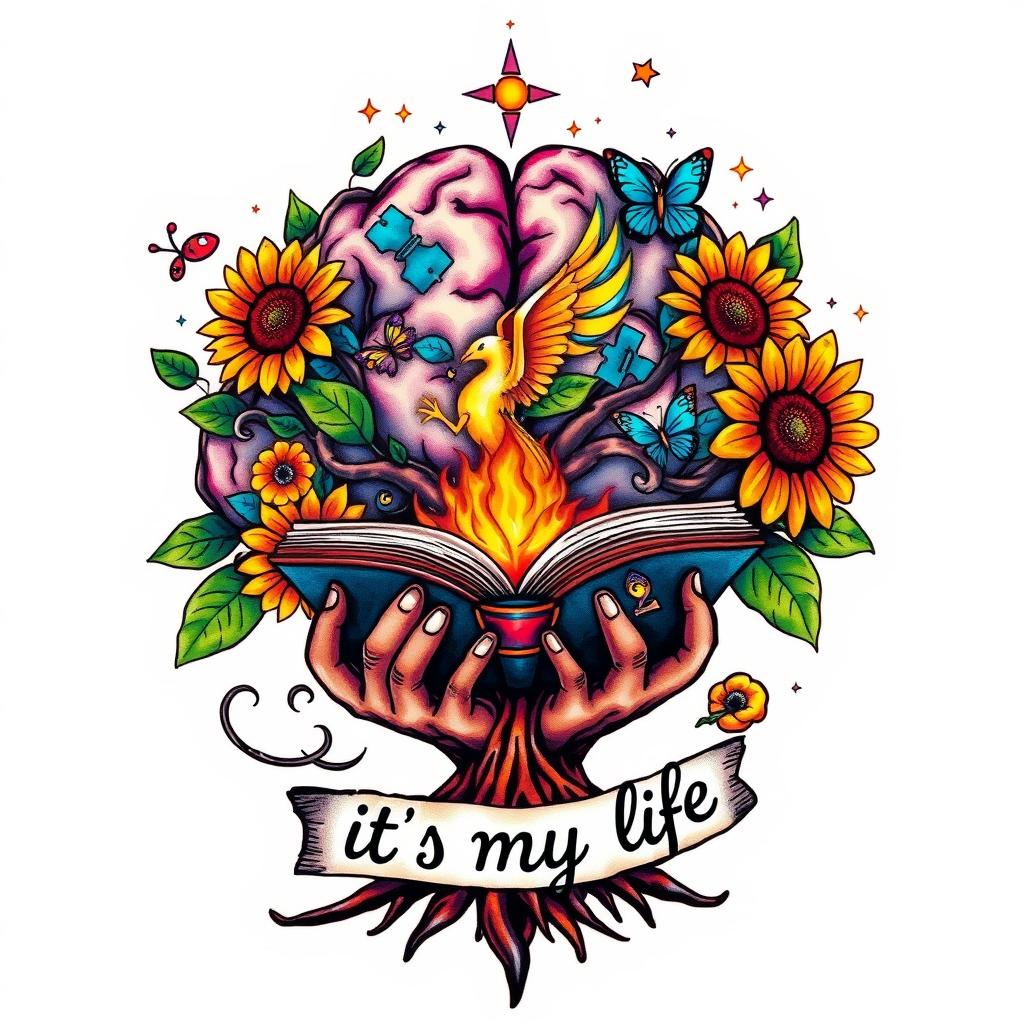 A vibrant and colorful tattoo design featuring a brain-shaped tree with roots transforming into hands that hold an open book